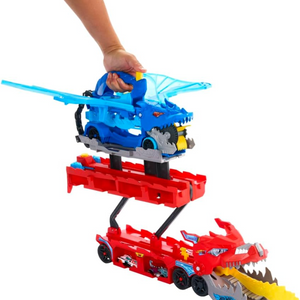 Hot Wheels City Toy Car Track Set, Ultimate Dual Dragon Transporter & 2 Die-Cast
