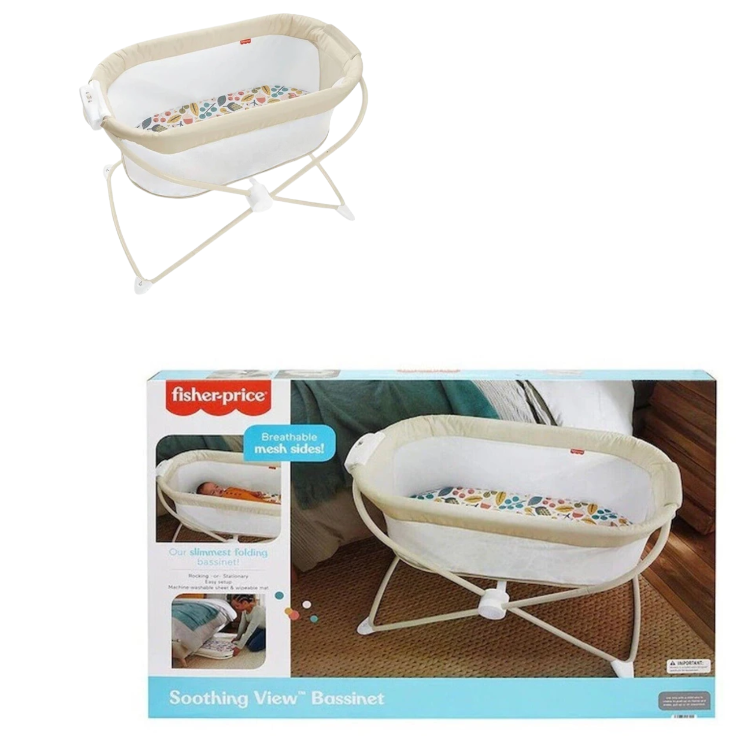 Fisher Price Soothing View Bassinet Portable Lightweight Frame Mattress Pad Play