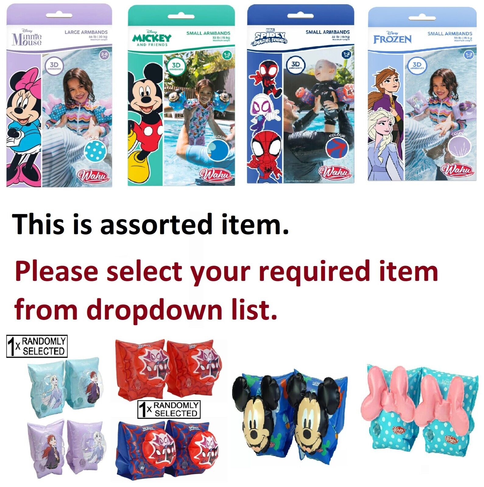 Wahu Arm Bands  Minnie Mickey Mouse Frozen Spidey Water Swim Play Swimming Gift