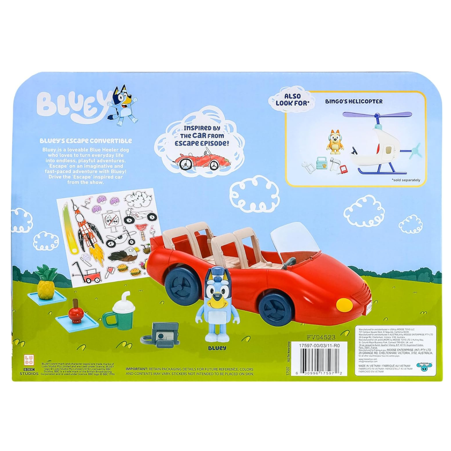 Bluey Escape Convertible Car Set with Figure 4 Accessories and Stickers