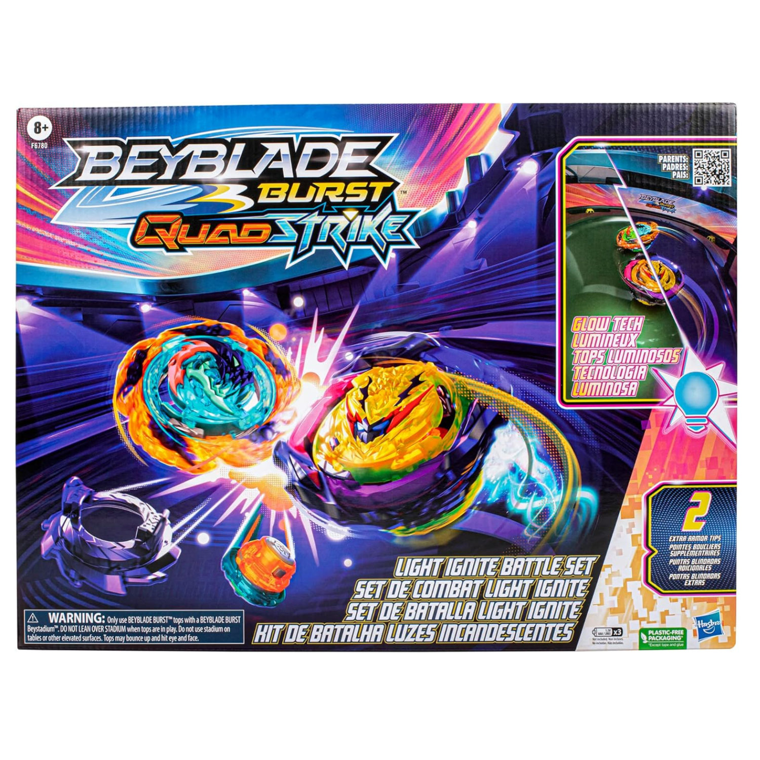 Beyblade Burst QuadStrike Light Ignite Battle Set Stadium with Tops Launchers 8+