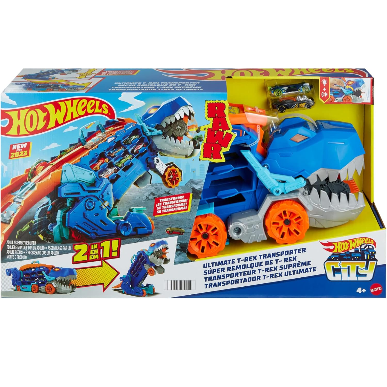 Hot Wheels City Ultimate T-Rex Transporter Car Track Set Hauler Stomping Dino 4+